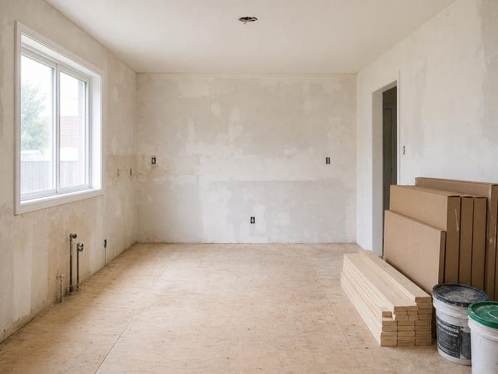 The kitchen stripped and prepared, with new materials stacked against the wall