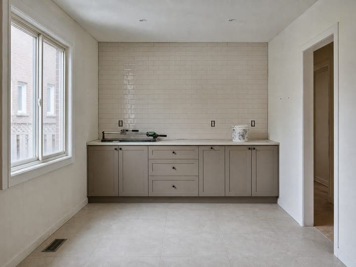 The same kitchen with the tiled backsplash finished